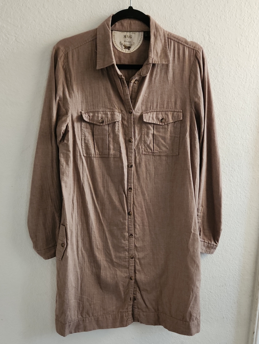 MNG by Mango Herringbone Cotton Shirt Dress Utility Safari Taupe Brown XL